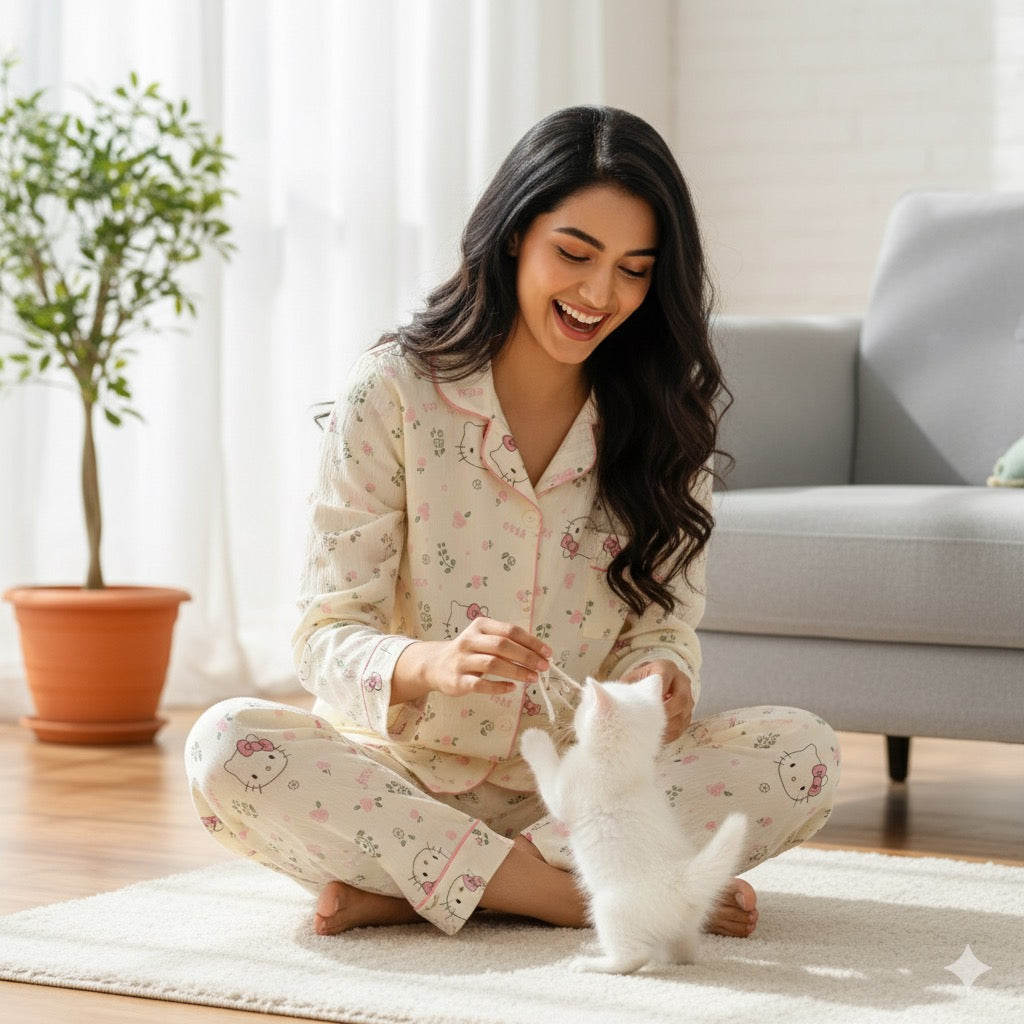 Charming Kitty Bow Padded Nightsuit Set